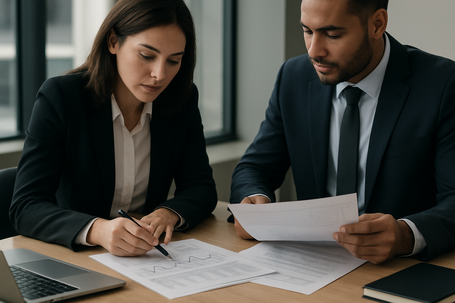 Empresarios revisando documentos financieros